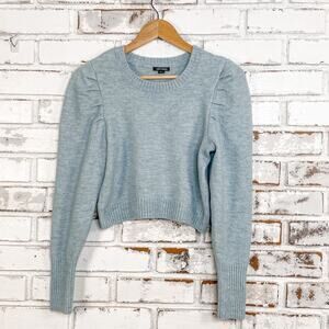 Soft Teal Blue Crew Neck Crop Puff Shoulder Long Sleeve Sweater S